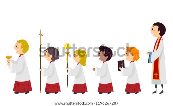 Illustration of Stickman Kids Altar Server Walking\
in Line with the Priest\
Behind