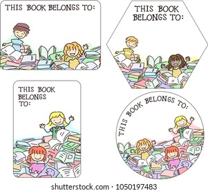 Illustration of Stickman Kids Among Books as Design for Book Labels