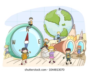 Illustration of Stickman Kids Among Geography Elements from Compass, Globe to Binoculars