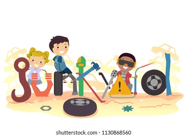 Illustration of Stickman Kids among Junk with Junkyard Lettering
