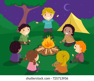 Illustration of Stickman Kids Around a Bonfire Sharing Stories