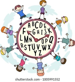 Illustration of a Stickman Kids around a Clock with the Alphabet Design