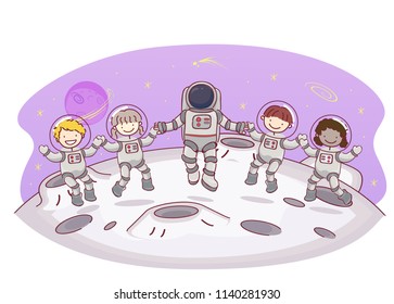 Illustration of Stickman Kids Astronaut Holding Hands and Floating on the Moon