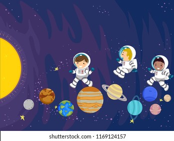 Illustration Of Stickman Kids Astronaut Jumping Over Planets Towards The Sun In The Outer Space