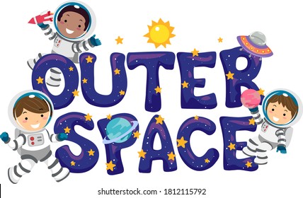 Illustration of Stickman Kids Astronaut with Outer Space Lettering with Stars, Sun and Other Elements