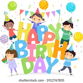 Illustration of Stickman Kids with Balloons, Party Hats, Confetti and Happy Birthday Lettering