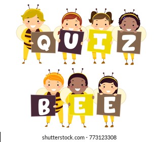 Illustration Of Stickman Kids In Bee Costumes Holding Letters That Spell Quiz Bee