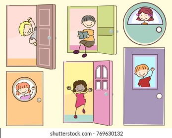 Illustration of Stickman Kids Behind Different Kinds of Door Waving
