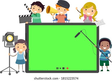 Illustration of Stickman Kids with Blank Tablet and Media Production Tools