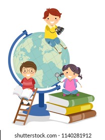 Illustration von Stickman Kids mit Büchern und Globe Geografie studieren