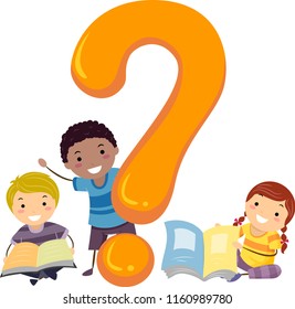 Illustration of Stickman Kids with Books and a Question Mark