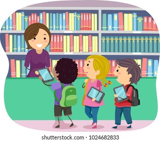 Illustration of Stickman Kids Borrowing Ebooks from the Library