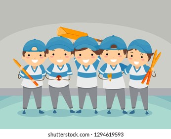 Illustration Of Stickman Kids Boys Indoor Cricket Team Holding Stumps, Ball And Bat