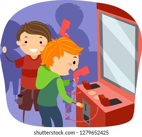 Illustration of Stickman Kids Boys Inserting Coin and Playing Arcade Games