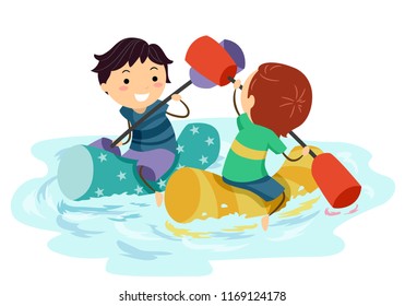 Illustration of Stickman Kids Boys On Floating Tubes Fighting Using Inflatable Joust. Inflatable Water Jousting