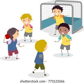 Illustration Of Stickman Kids Boys Playing Handball Near The Goal