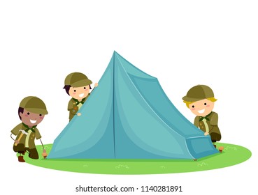 Illustration of Stickman Kids Boys Setting Up their Tent for Camping