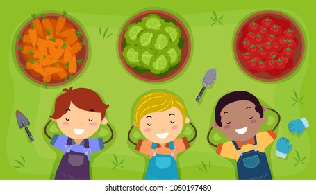 Illustration of Stickman Kids Boys Sleeping Happily After Harvesting in the Garden