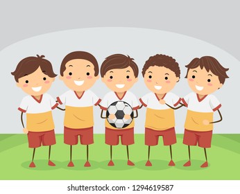 Illustration of Stickman Kids Boys Soccer Indoor Soccer Team Holding a Ball