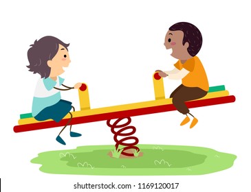 Illustration of Stickman Kids Boys Using Seesaw at the Playground