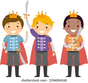 Illustration of Stickman Kids Boys Wearing Prince Costumes with Crown and Swords