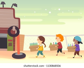 Illustration of Stickman Kids Bringing Used Paper, Plastic Containers and Bottles in Boxes to Sell at a Junk Shop