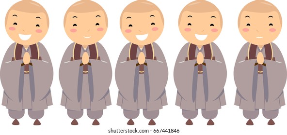 Illustration of Stickman Kids Buddhist Monks in Uniform with Hands Joined Together