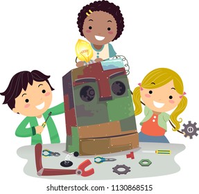 Illustration of Stickman Kids Building a Robot Made from Different Scraps from Junk Yard