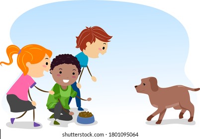 Illustration of Stickman Kids Calling for a Stray Dog to Come for Food in the Bowl