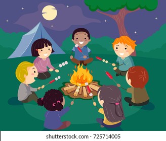 Illustration Of Stickman Kids Camping Around A Bonfire Roasting Hotdogs And Marshmallows