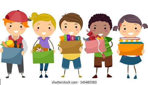 Illustration of Stickman Kids Carrying Donation Boxes Filled with Toys