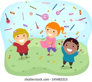 Illustration of Stickman Kids Catching Sweet Candies and Lollipops
