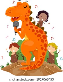 Illustration of Stickman Kids Caveman Singing with a T Rex Dinosaur Mascot