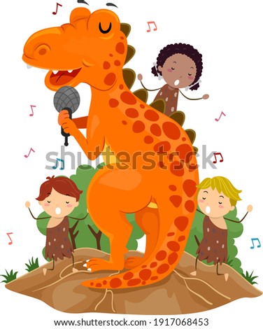 Illustration of Stickman Kids Caveman Singing with a T Rex Dinosaur Mascot