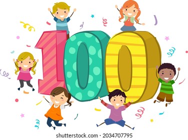 Illustration of Stickman Kids Celebrating with Confetti and One Hundred Text