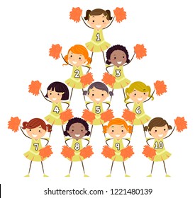 Illustration Of Stickman Kids Cheer Leading Girls Doing A Pyramid Stunt With Numbers From One To Ten