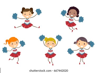 Illustration of Stickman Kids in Cheerleader Uniforms in Different Poses