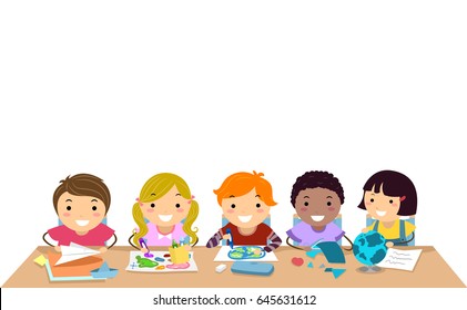 Illustration of Stickman Kids in Class on a Table working on Geography Activity
