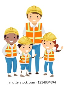 Illustration of Stickman Kids with Construction Engineer Wearing Yellow Hard Hat and Safety Vest