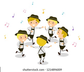 Illustration of Stickman Kids In Costume Dancing Schuhplattler with Musical Notes Around