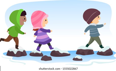 Illustration of Stickman Kids Crossing the Stream in Winter