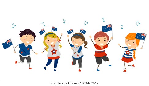 Illustration of Stickman Kids Dancing and Holding Flag of Australia Celebrating Australia Day