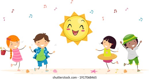 Illustration of Stickman Kids Dancing with Mascot Sun for Summer Season