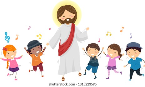 Illustration of Stickman Kids Dancing to Music with Jesus Christ