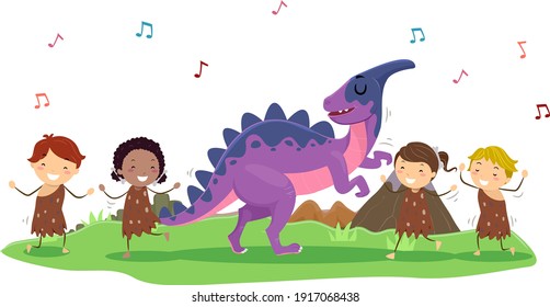 Ilustración de niños de Stickman bailando música con una mascota de dinosaurios parasaurolophus