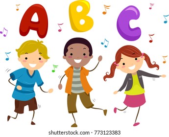 Illustration of Stickman Kids Dancing to Music with ABC and Music Notes