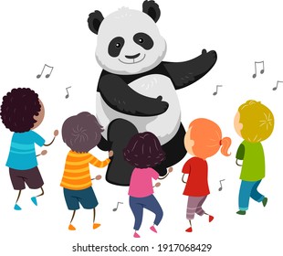 Illustration of Stickman Kids Dancing with Panda Mascot