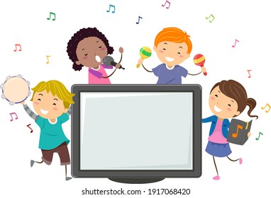Illustration of Stickman Kids in Dancing and Singing with a Blank Karaoke Monitor Screen