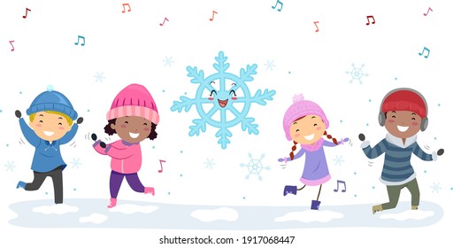 Illustration of Stickman Kids Dancing with Snowflake Mascot Winter Season