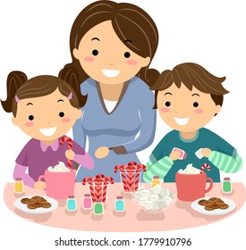 Illustration Of Stickman Kids Decorating Hot Chocolate In Winter With Mother